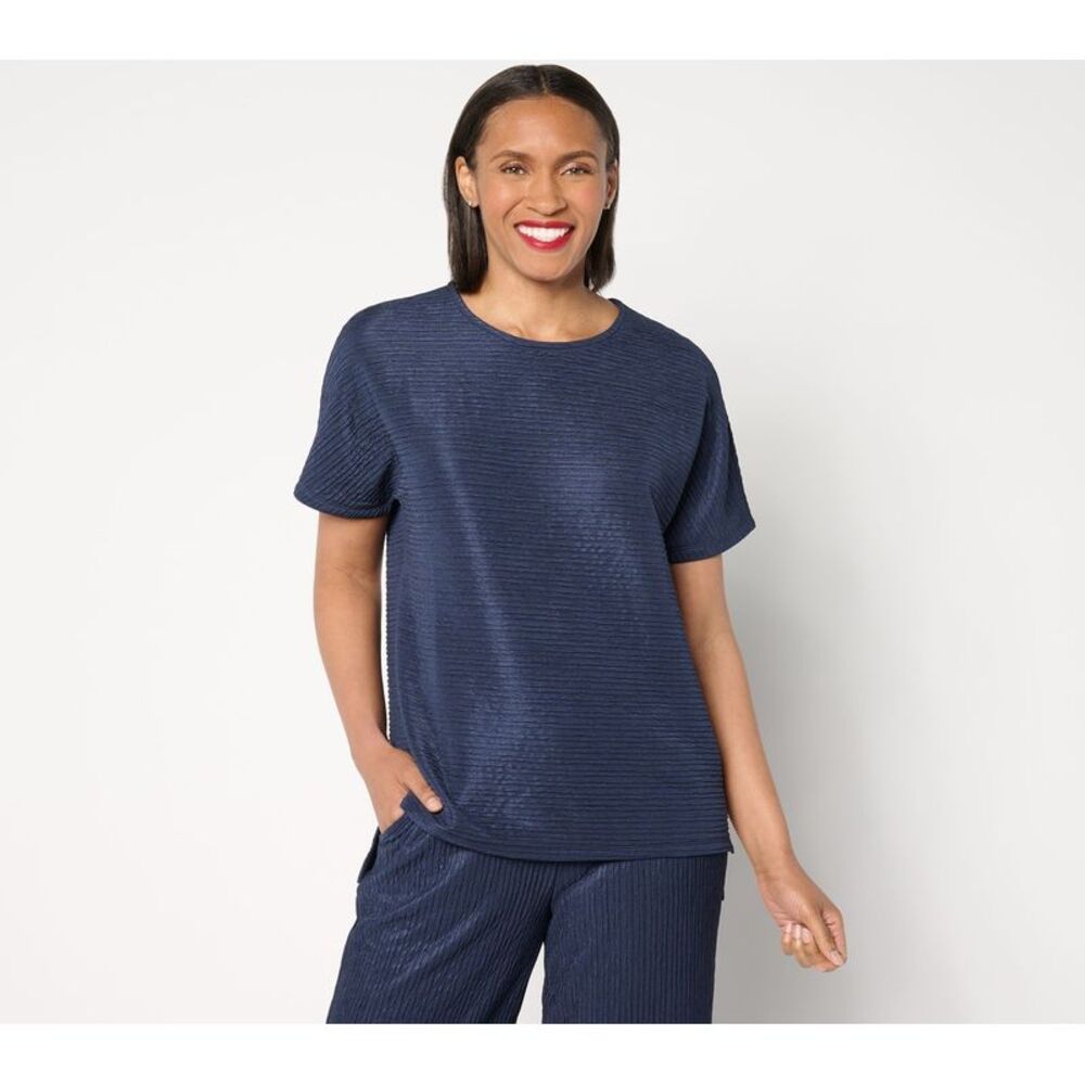 Revers-A-Brella Women's Top Sz L Crinkle Knit Scoop Neck Tee Blue A647308